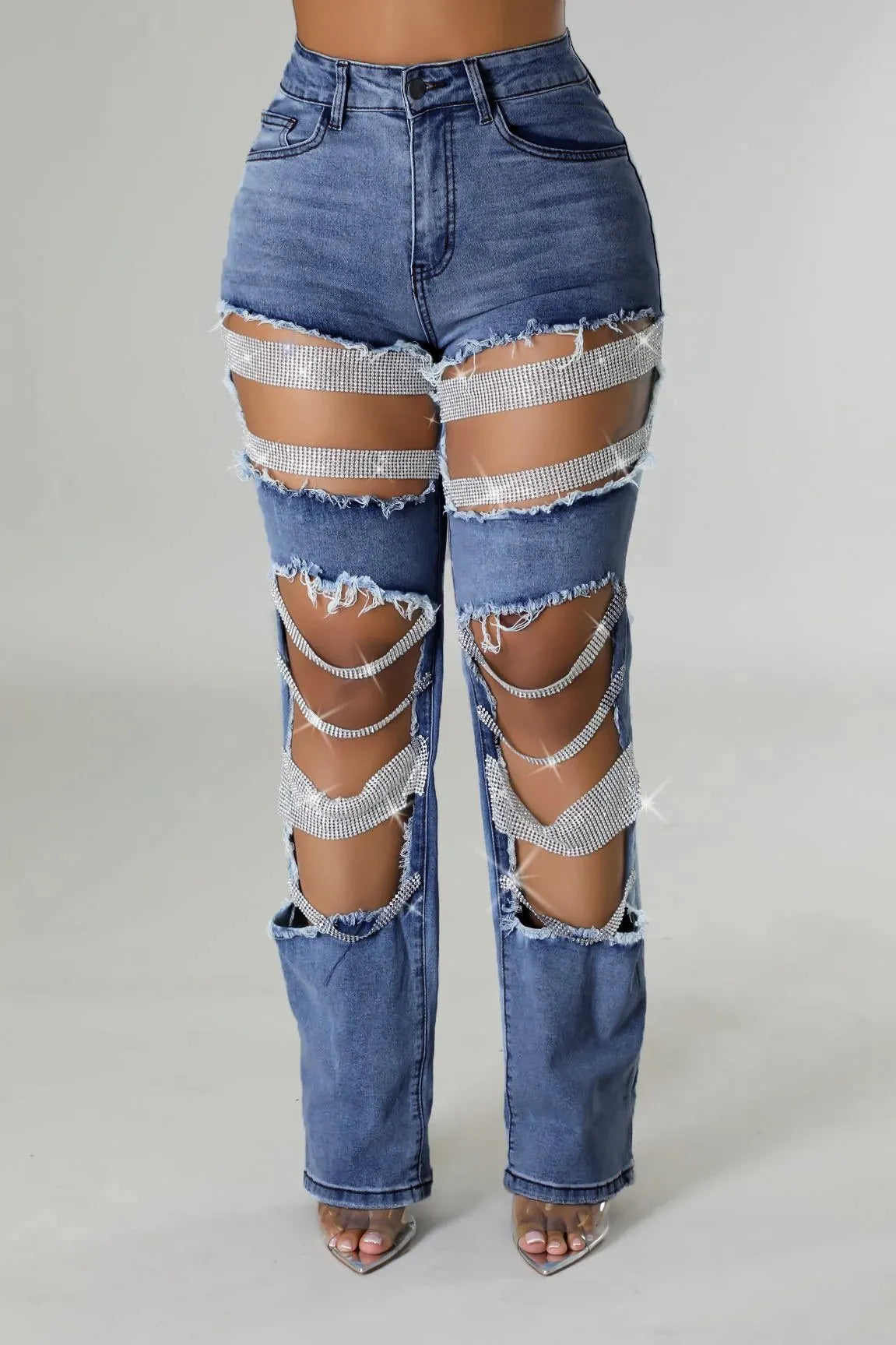Free Shipping🔥 Stylish Multi-layered Pearl Chain Ripped Pocket Straight Jeans