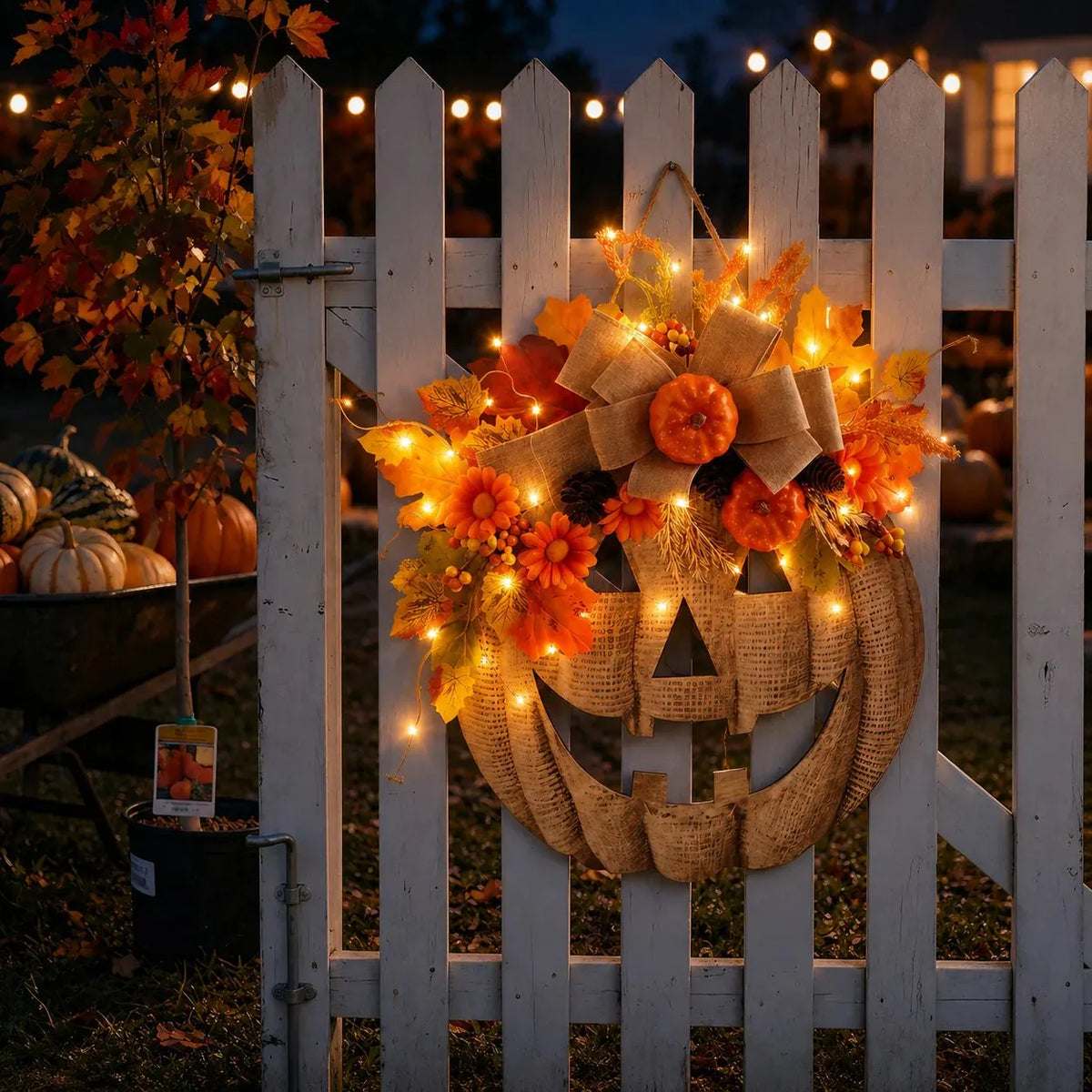 🔥HOT SALE🔥🎃✨ Lighted Burlap Pumpkin Wreath