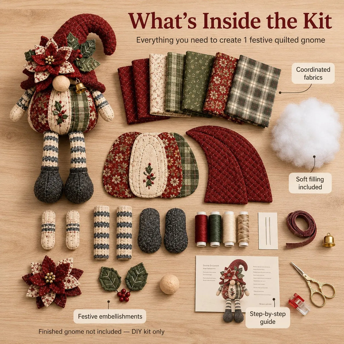 🎉⏳ Last Day 49% OFF – 🎄Beginner-Friendly DIY Quilted Christmas Gnome Shelf Sitter Kit | Complete Kit with Coordinated Fabrics, Filling & Step-by-Step Guide Included 💕