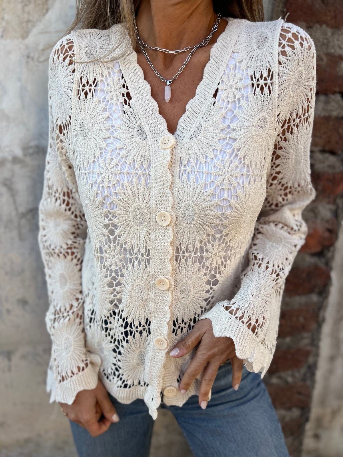 Cutout Embroidered V-Neck Button Long Sleeve Top