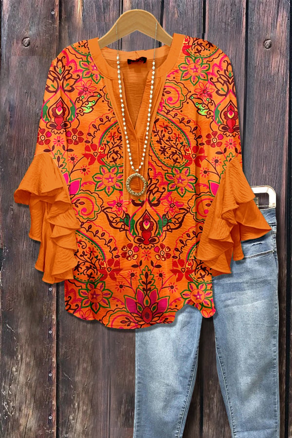 Floral Print Ruffle Bell Sleeve Top