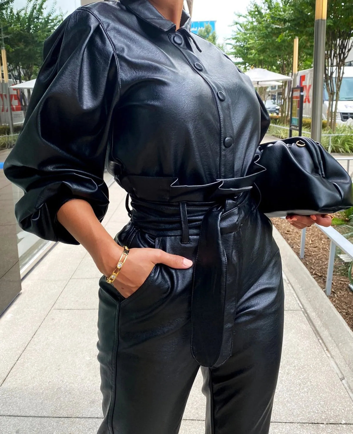 Pu Leather Button Up Bodysuit 2 Piece Set