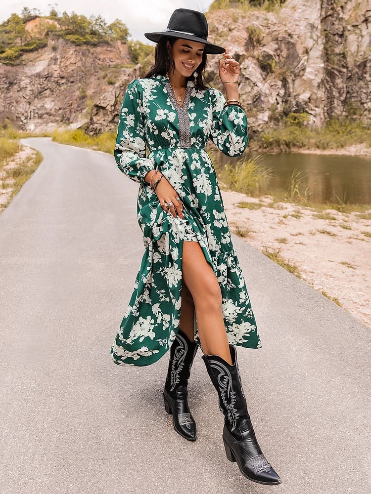 Floral Embroidered Notched Neck Maxi Dress
