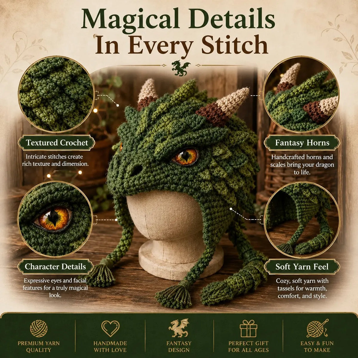 🔥HOT SALE🔥🐉✨ Fantasy Hood Hat DIY Crochet Kit | Premium Soft Yarn Materials with Step-by-Step Guide DIY Handmade Wearable Character Hood 🧶🎭✨