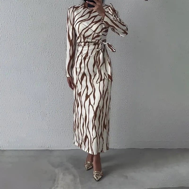 Graffiti Long Sleeve Striped Dress with Tie Waist - Slim Fit