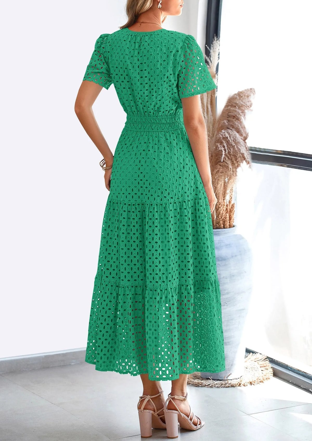Womens Summer V Neck Maxi Dress Short Sleeve Hollow Out Flowy Beach Dress