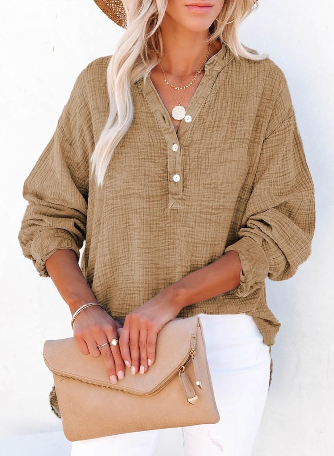 Women's Casual Gauze Button Down Neck Long Sleeve Oversized Top