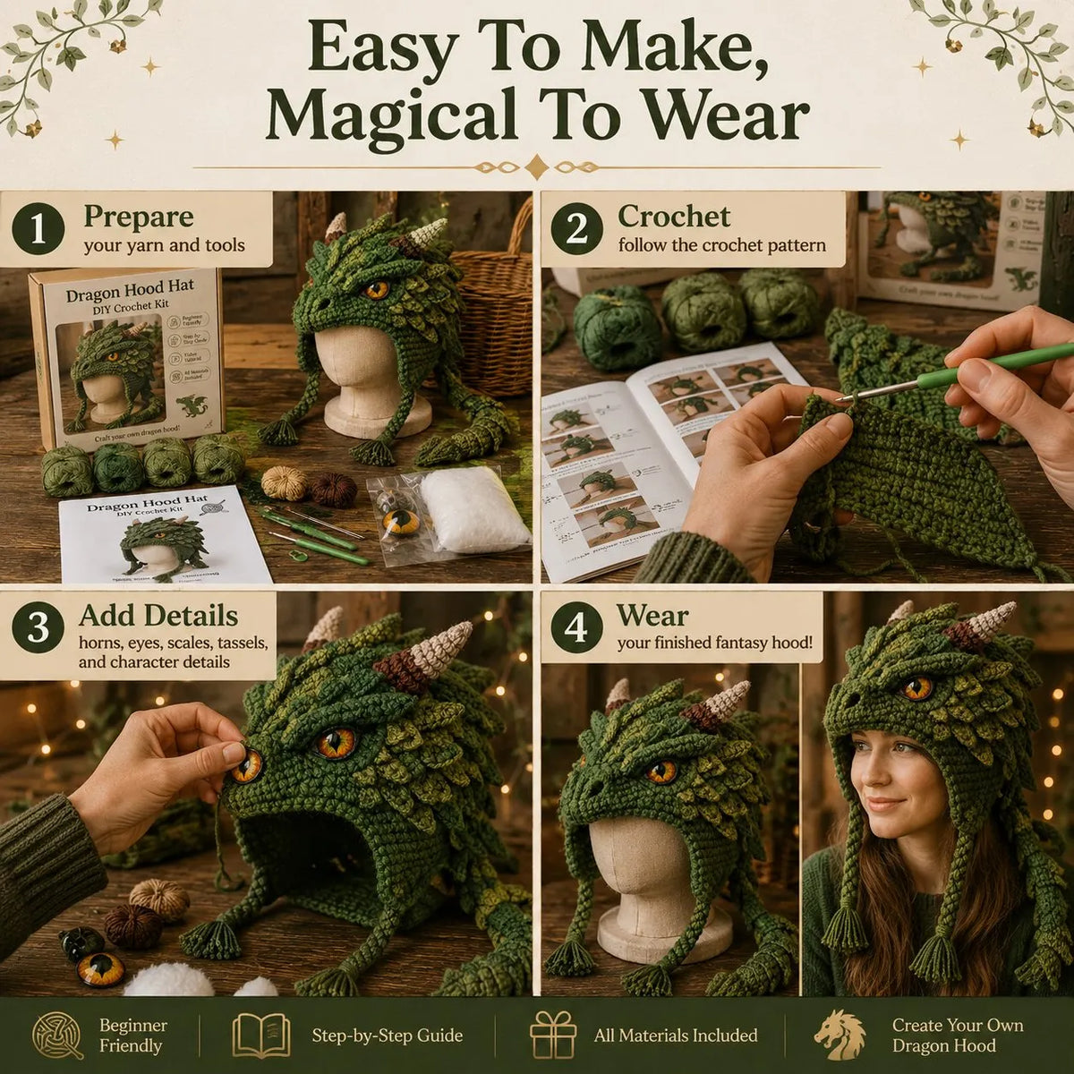 🔥HOT SALE🔥🐉✨ Fantasy Hood Hat DIY Crochet Kit | Premium Soft Yarn Materials with Step-by-Step Guide DIY Handmade Wearable Character Hood 🧶🎭✨