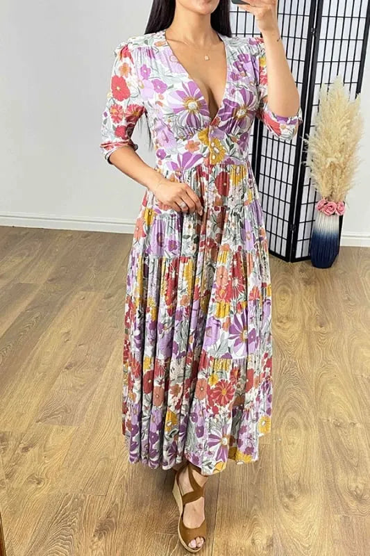 💃Casual floral print V-neck waist wrap long dress