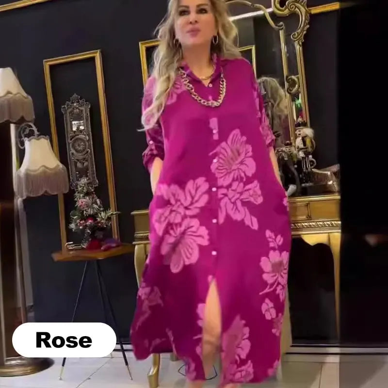 Women's Casual Long Sleeve Button Down Loose Maxi Shirt Dress