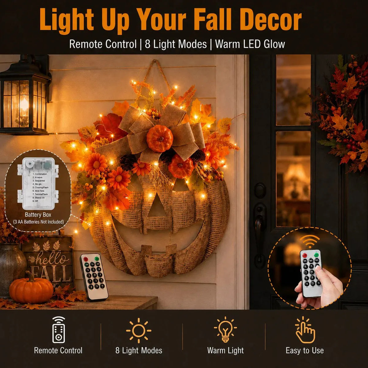 🔥HOT SALE🔥🎃✨ Lighted Burlap Pumpkin Wreath