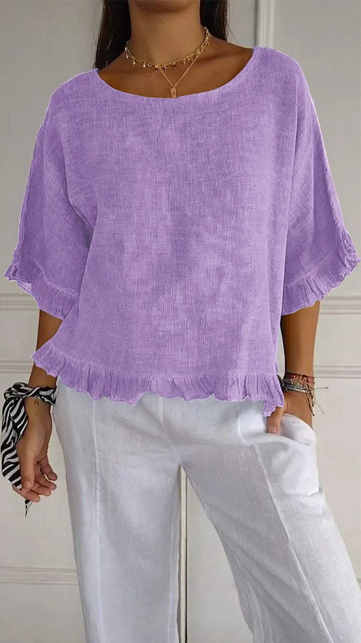 Round Neck Ruffled Hem Mid-sleeve Cotton and Linen Top (Buy 2 Free Shipping)