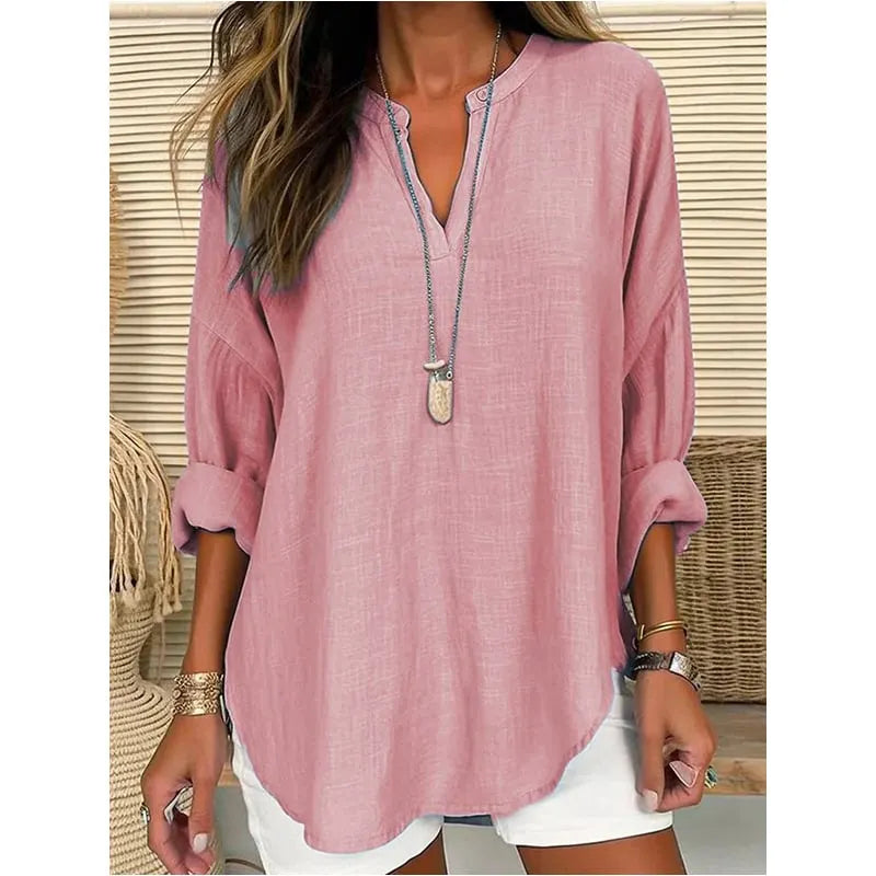 Women's V-Neck Long Sleeve Loose Fit Breathable Linen Top
