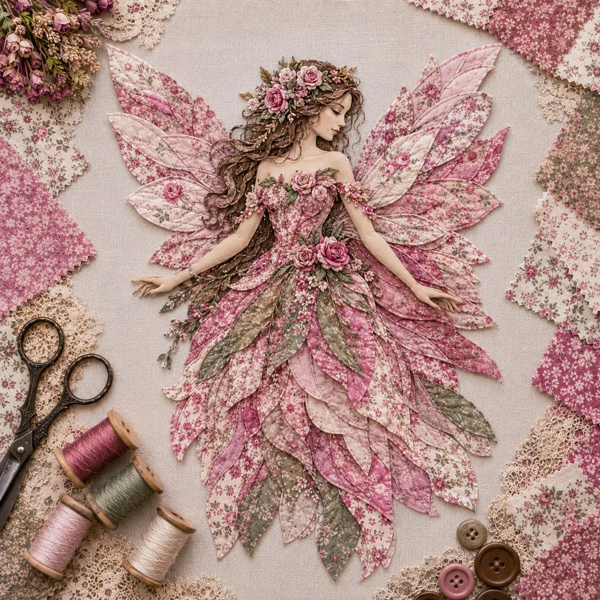 🔥HOT SALE🔥🧚‍♀️🌸 Premium Fairy Patchwork DIY Kit | High-Quality Layered Fabric with Floral Wings DIY Handmade Fantasy Wall Decor ✨15*12cm