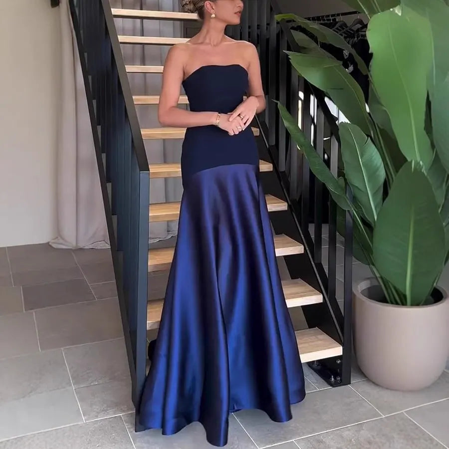 Timeless Elegance Satin Patchwork Strapless Flare Gown Maxi Dress