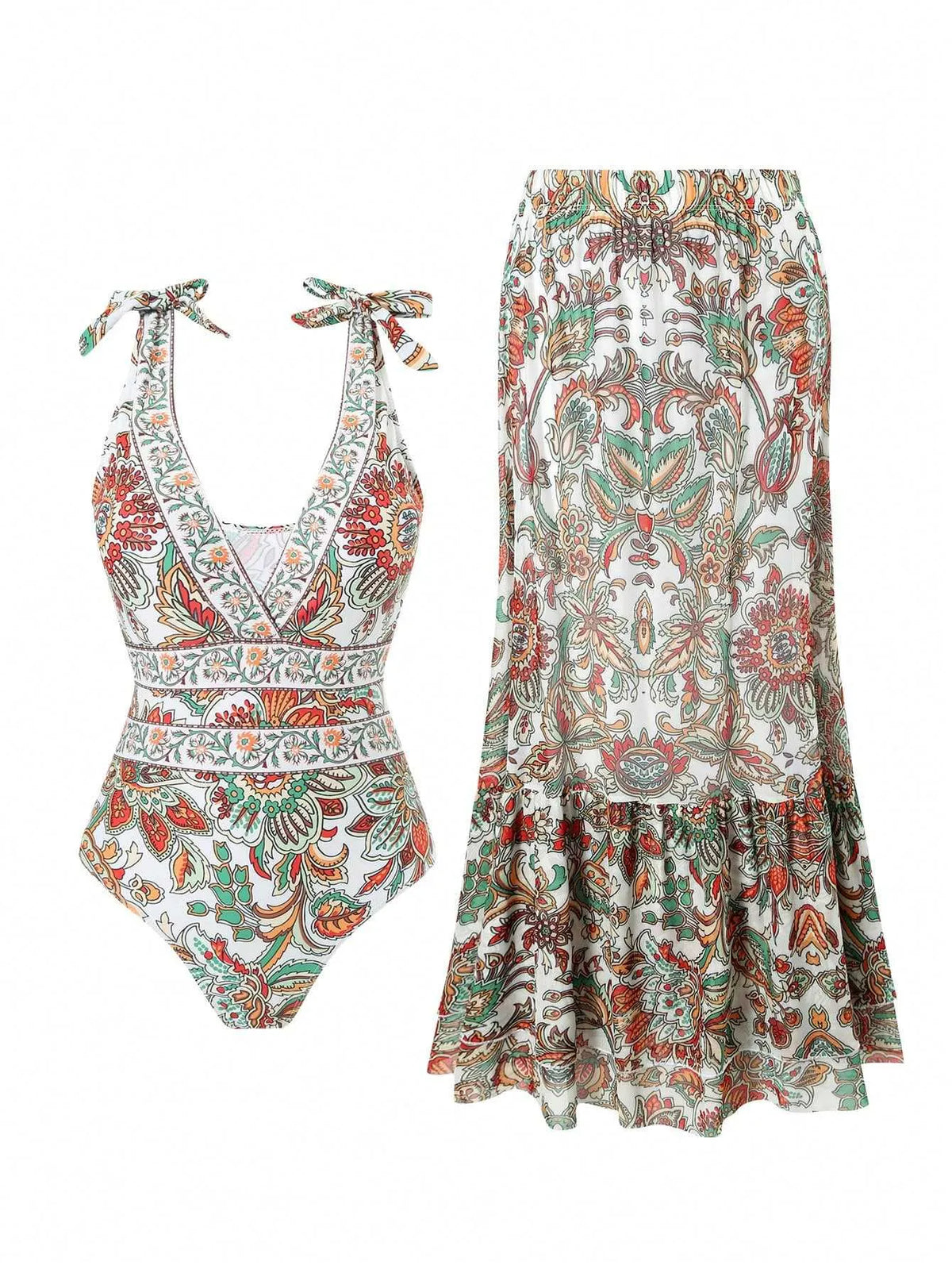 🩱V-neck One-Piece Swimsuit with Lace-up, Print, and Skirt💃