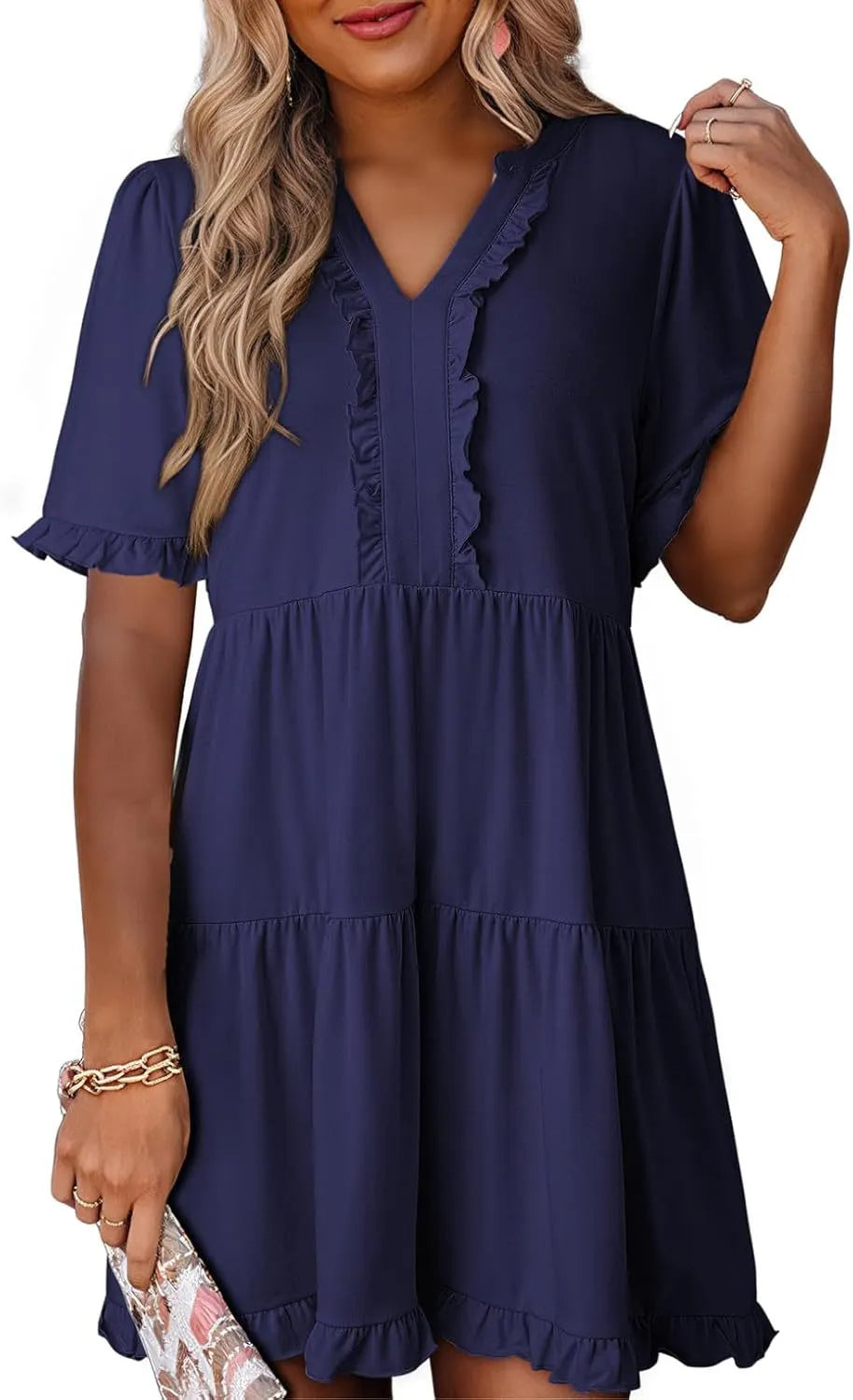 V Neck Short Sleeve Casual A Line Flowy Swing Shift Dress