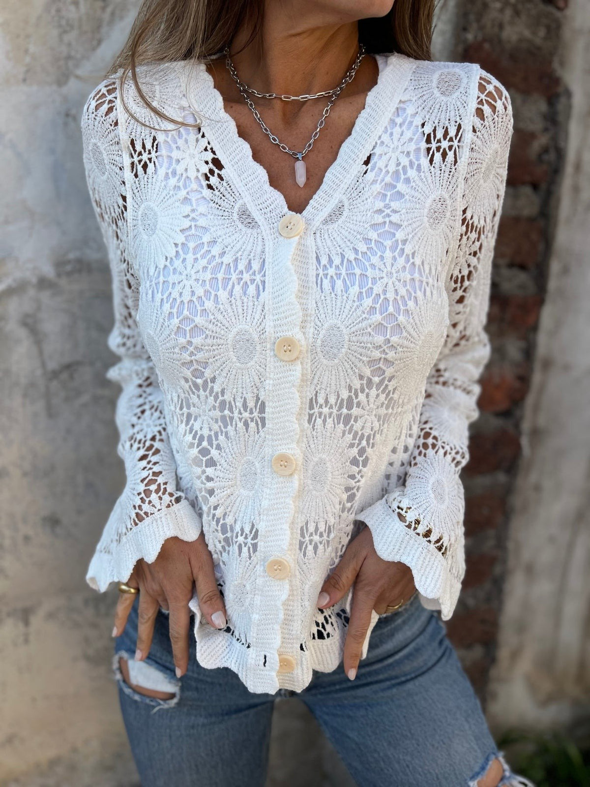 Cutout Embroidered V-Neck Button Long Sleeve Top