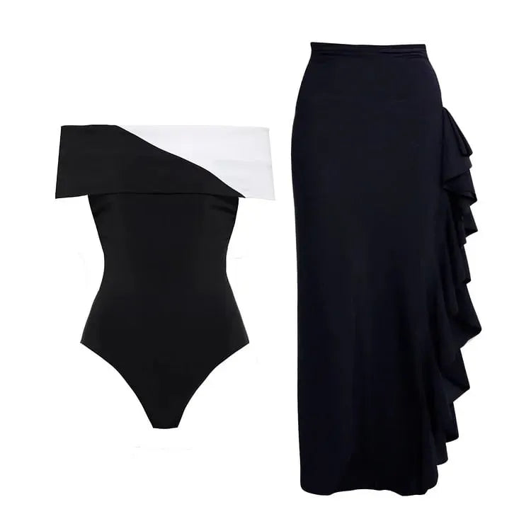 Black and White Color-Block Minimalist One-Piece Swimsuit with Wrap Skirt Set