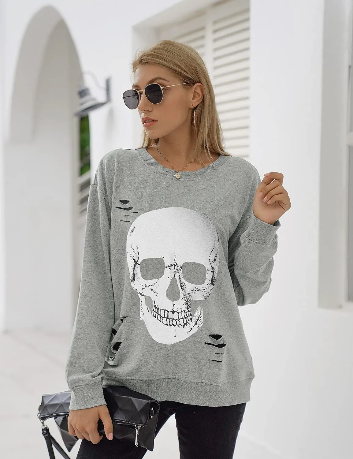 Women's Halloween Sweatshirts Skull Graphic Long Sleeve Pullover Tops