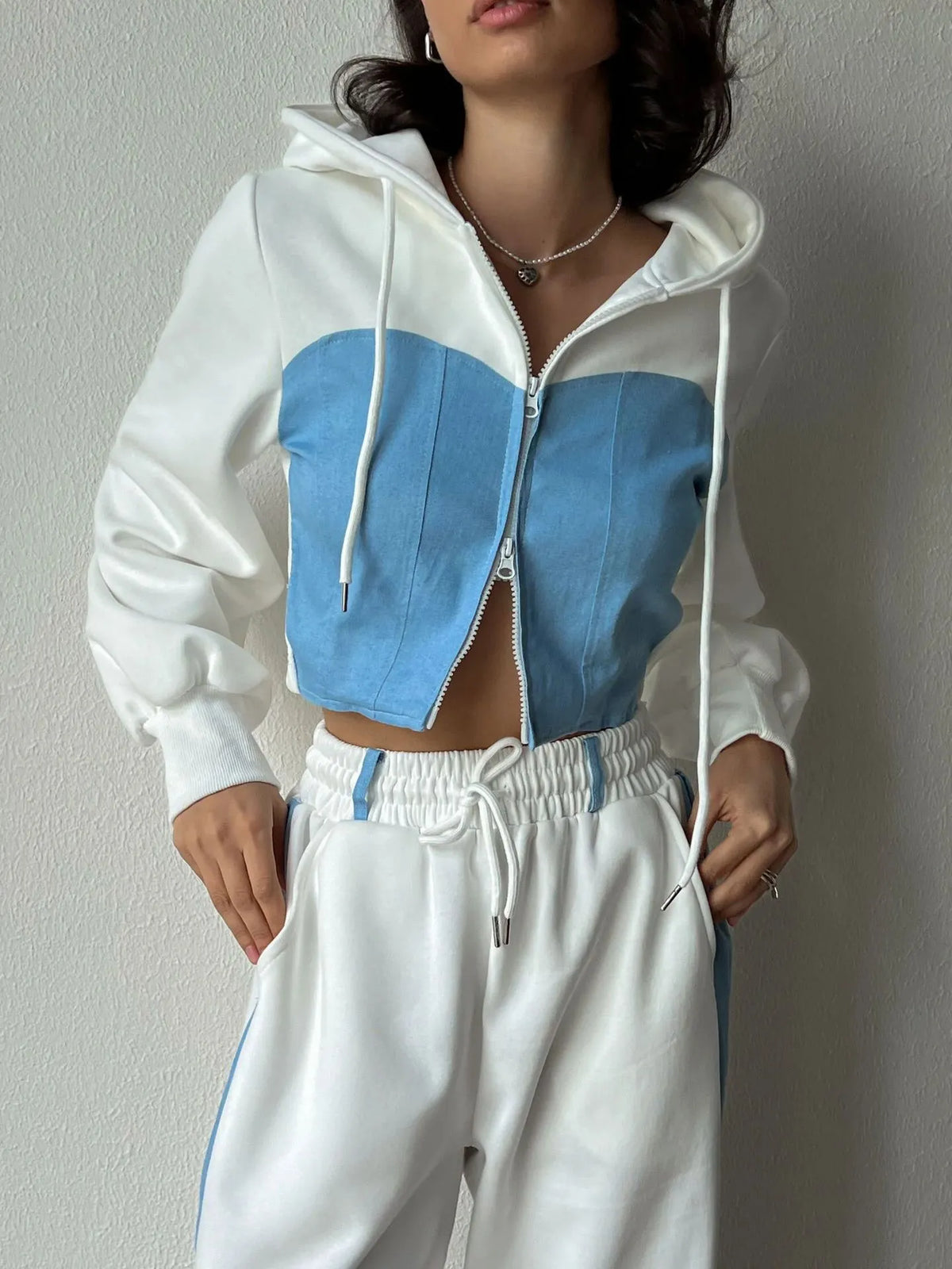 Women's Hooded Denim Patchwork Sweatshirt Two-piece Set