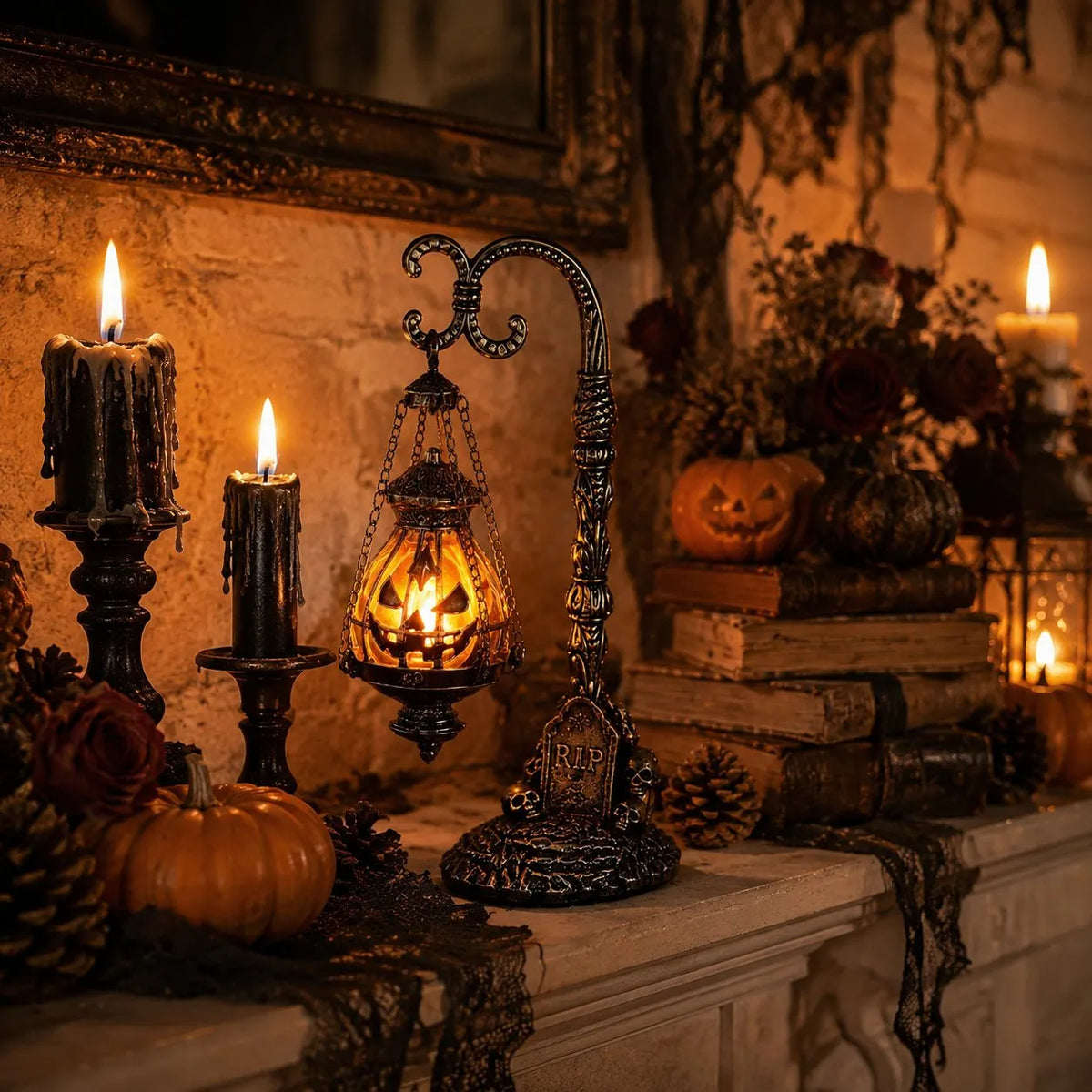 🔥HOT SALE🔥🎃 Gothic Pumpkin Lantern Stand | Warm Orange LED Glow, Victorian Skull Details & Haunted Shelf Decor 🕯️