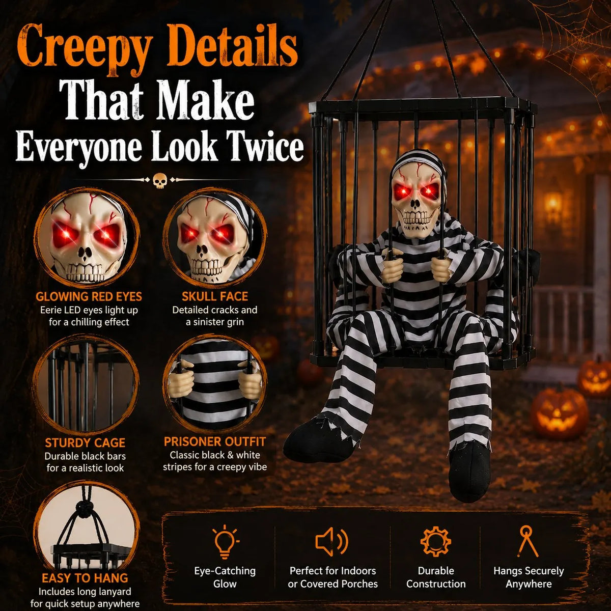 🎉 💀 Motion Activated Prisoner Skeleton Halloween Prop – Screaming Jump Scare Decoration With Flashing Red Eyes