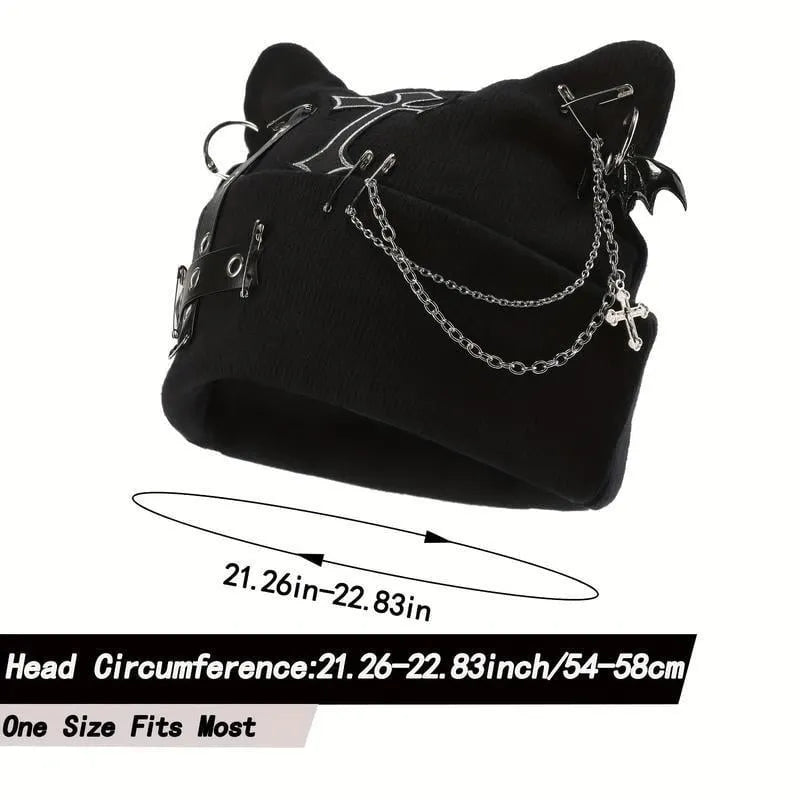 🔥Last Day 49% OFF - 🖤🦇Gothic Cat Ear Beanie with Punk Chain & Bat Charm