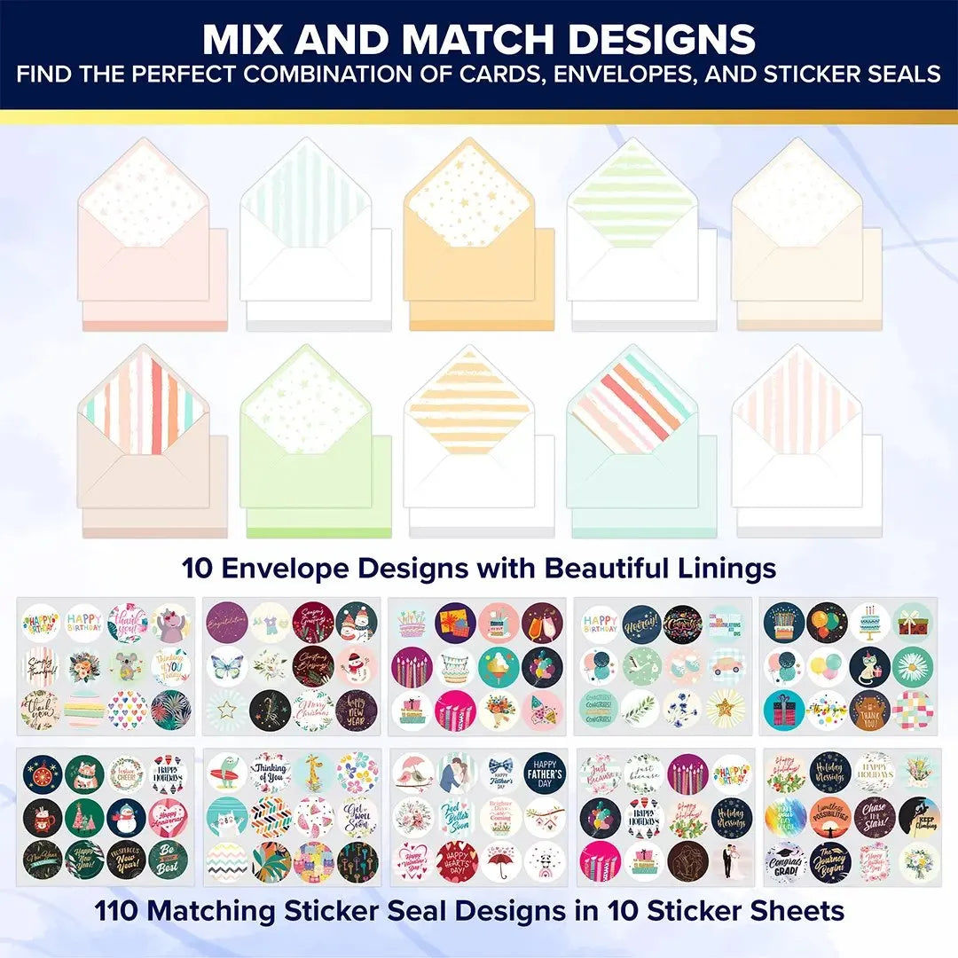 🎁 110 All Occasion Greeting Cards Box Set with Envelopes & Sticker Seals – Birthday, Thank You, Holiday, Wedding, Graduation & Celebration Cards Collection