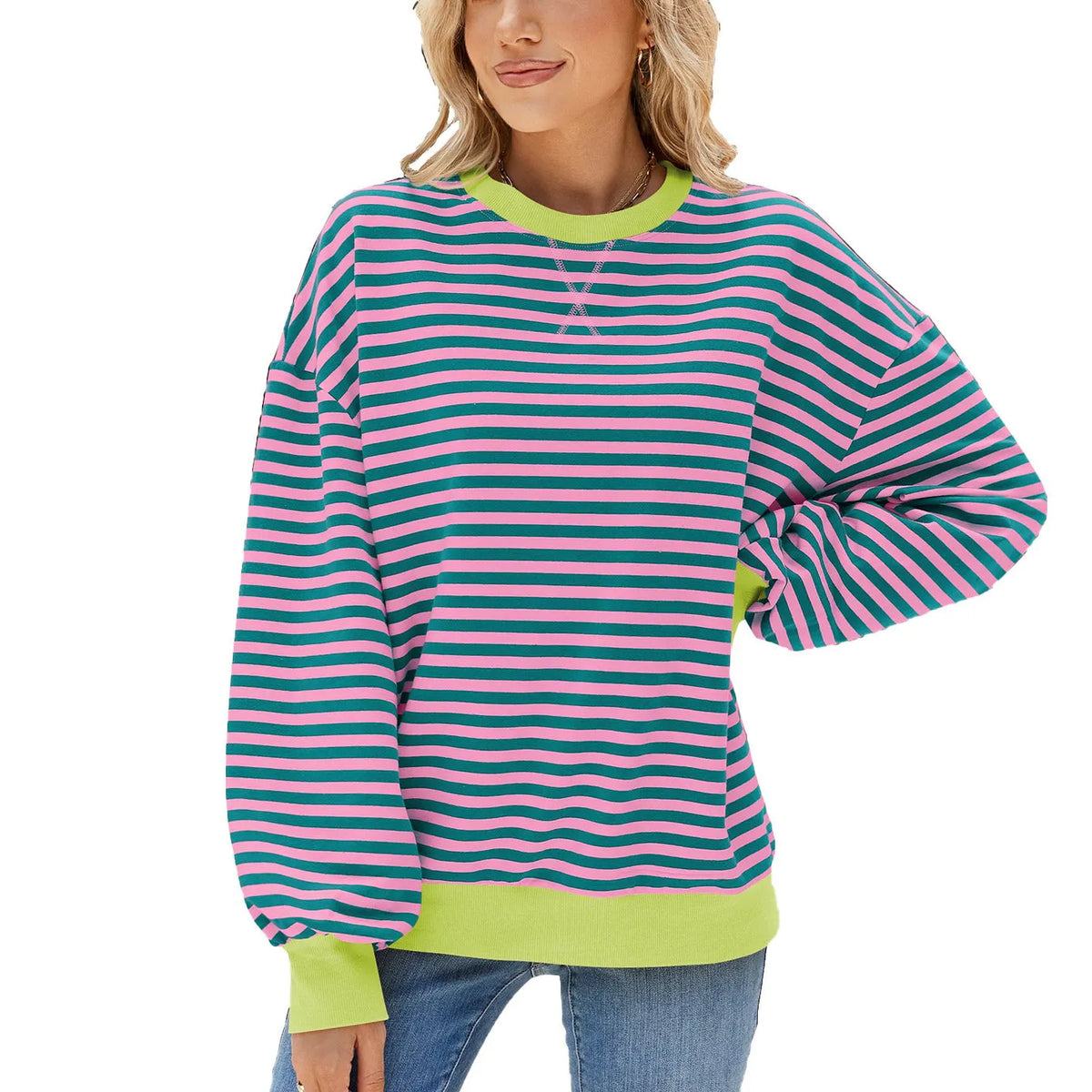 Women Striped Oversized Pullover Top Long Sleeve Shirt (Buy 2 Free Shipping)