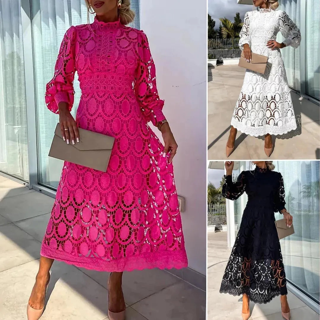 Romantic, Sensual and Elegant Crochet Lace Lantern Sleeve Party Midi Dress