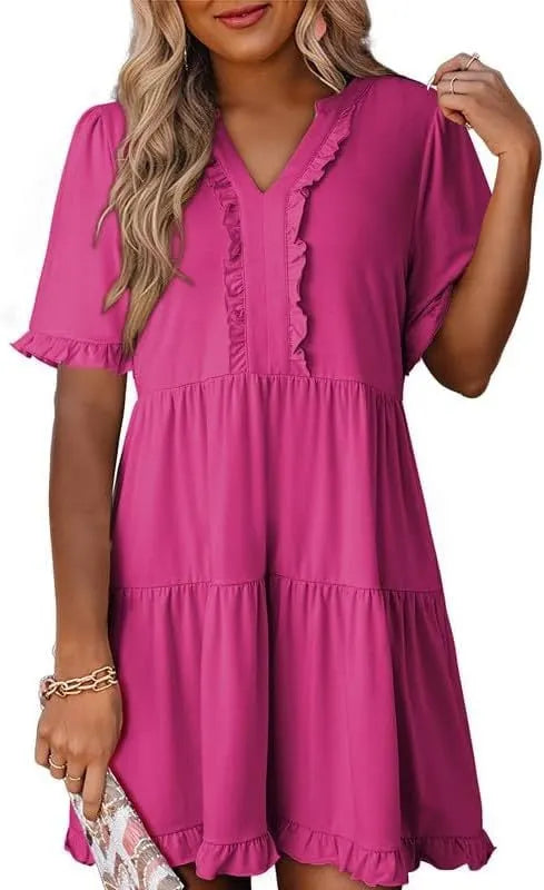 V Neck Short Sleeve Casual A Line Flowy Swing Shift Dress