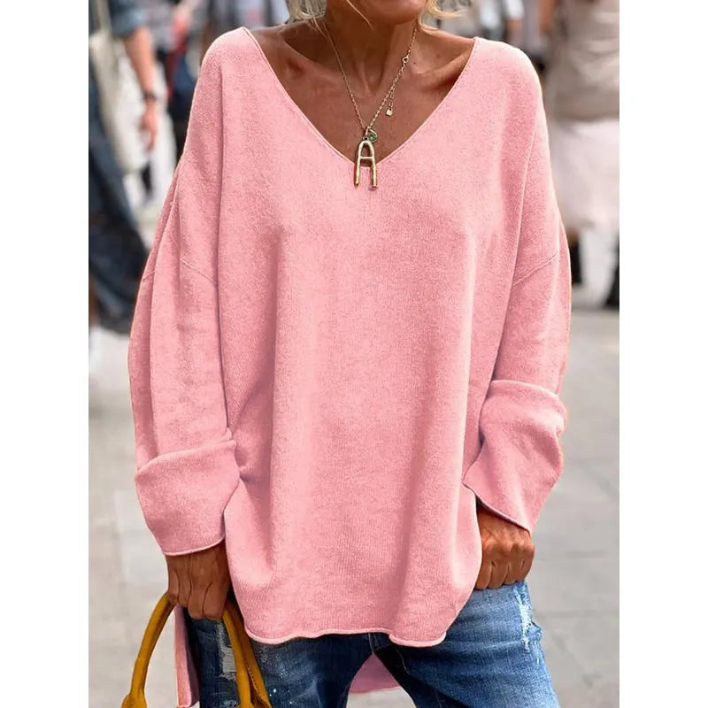 Women's V-Neck Casual Dipped Hem Oversized Sweater