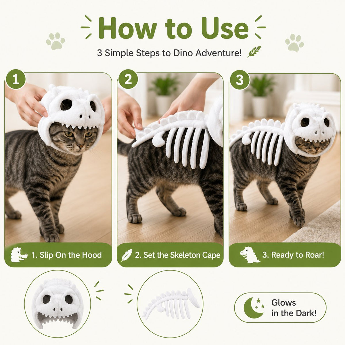🔥 HOT SALE 🔥🦖 Glow-in-the-Dark Dinosaur Skeleton Cat Costume — Let Your Kitty Roar at Night! ✨