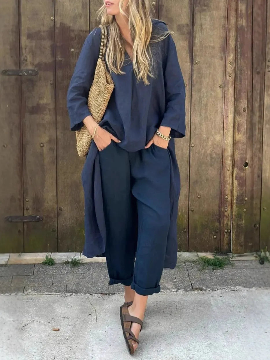 Solid High Low Hem Top & Pants Two-Piece Set