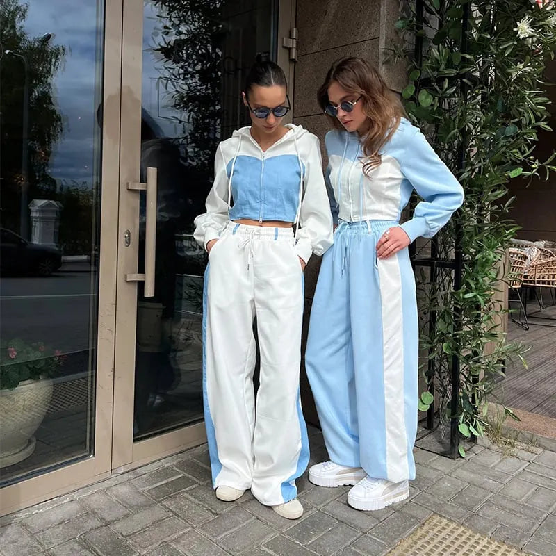 Women's Hooded Denim Patchwork Sweatshirt Two-piece Set