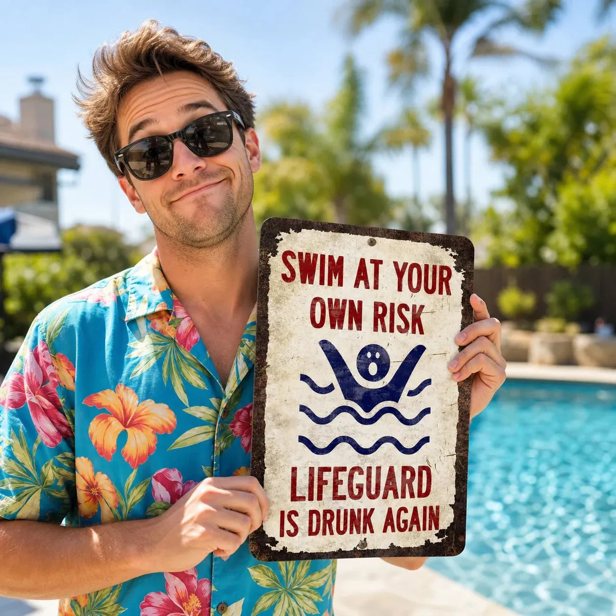 🔥LAST DAY 50% OFF - 🏊Vintage "Lifeguard Is Drunk Again" Pool Sign – Funny Metal Pool Wall Decor 😂🍻