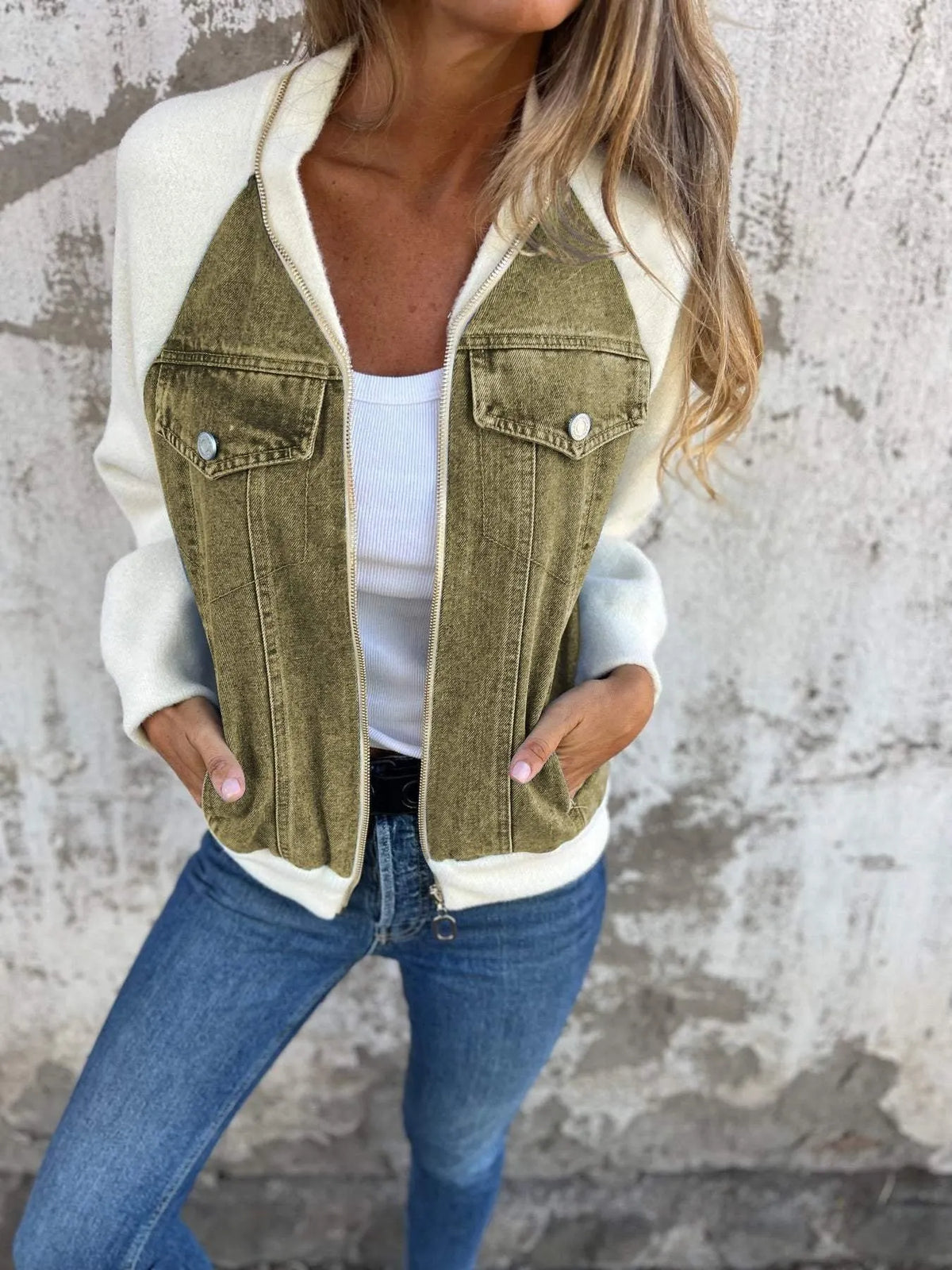 Patchwork Raglan Sleeves Denim Zipper Jacket (Buy 2 Free Shipping)