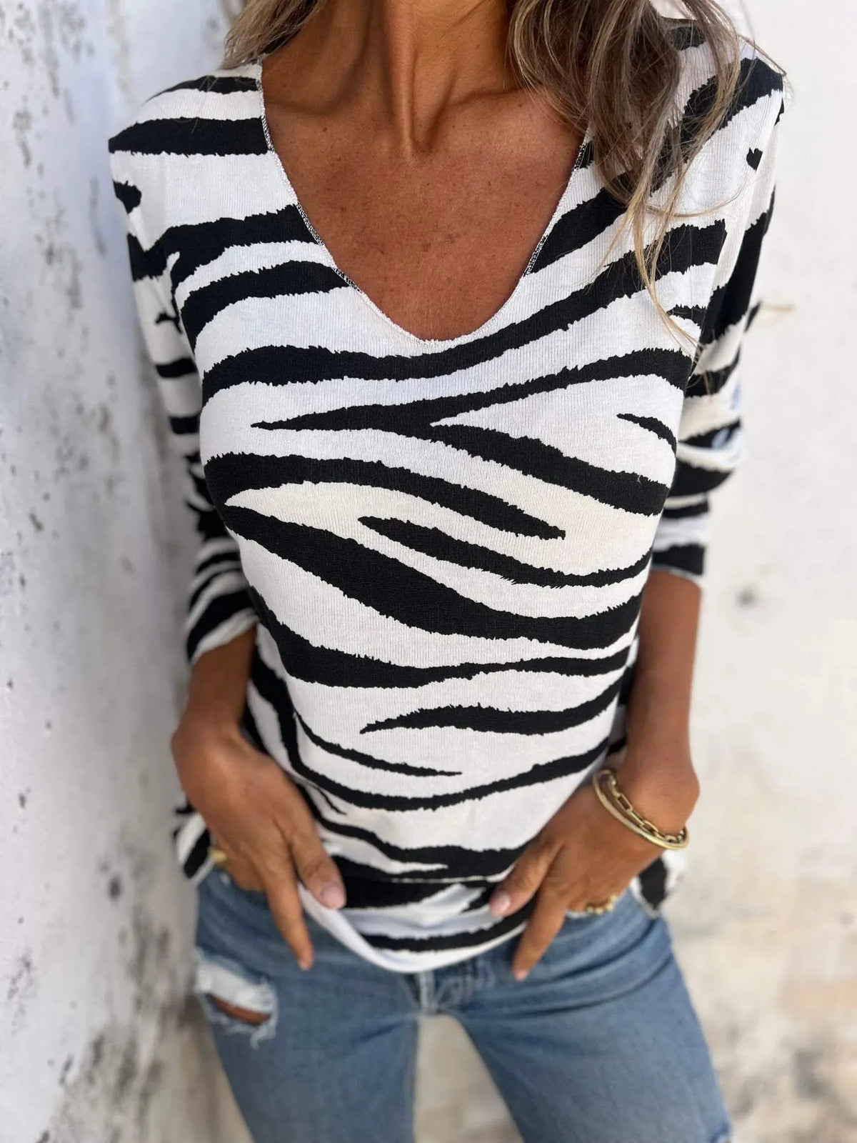 Casual V-neck Zebra Print Top (Buy 2 Free Shipping)