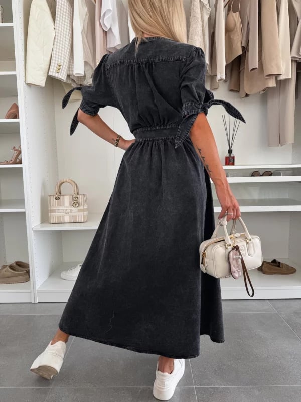 V-Neck Short Sleeve Loose Denim Long Button-Up Dress