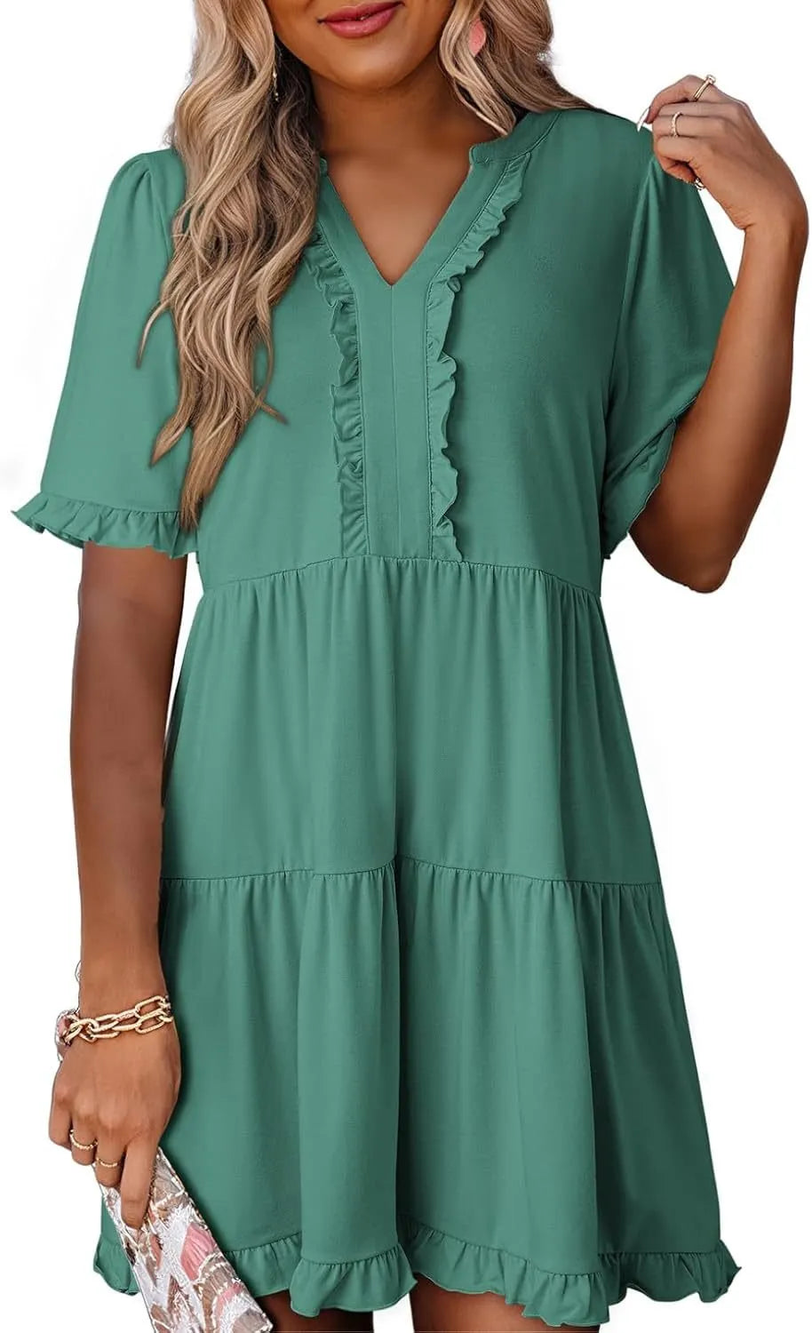 V Neck Short Sleeve Casual A Line Flowy Swing Shift Dress