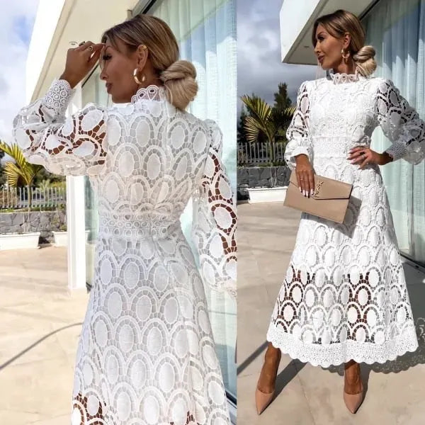 Romantic, Sensual and Elegant Crochet Lace Lantern Sleeve Party Midi Dress