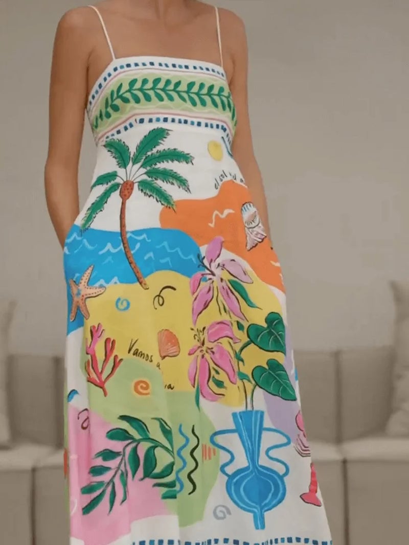 Women Long Printed Spaghetti Strap Dress