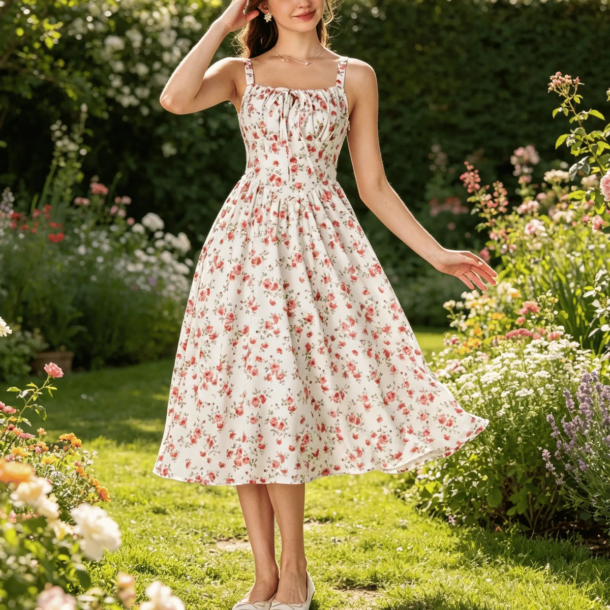 2026 Women's Floral Midi Dress Corset Sundresses With Pocket
