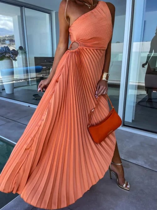 Stunning One - Shoulder Pleated Cut - Out Dress
