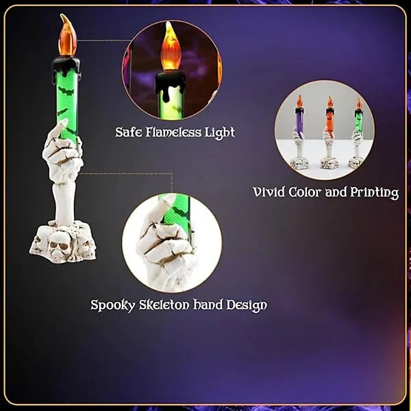 🕯️3 Pack Halloween LED Skeleton Hand Candle Holders, Flickering Flameless Skull Candles with Amber Light for Indoor Outdoor Halloween Decorations