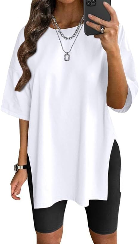Round neck seven-point sleeve slit casual loose T-shirt💋