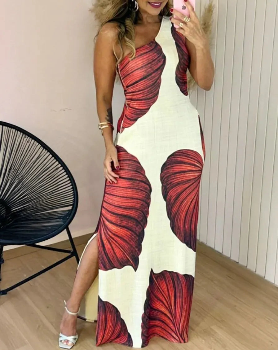 Tropical Print One Shoulder Bodycon Slit Dress Sexy Slim Fit Maxi Dress