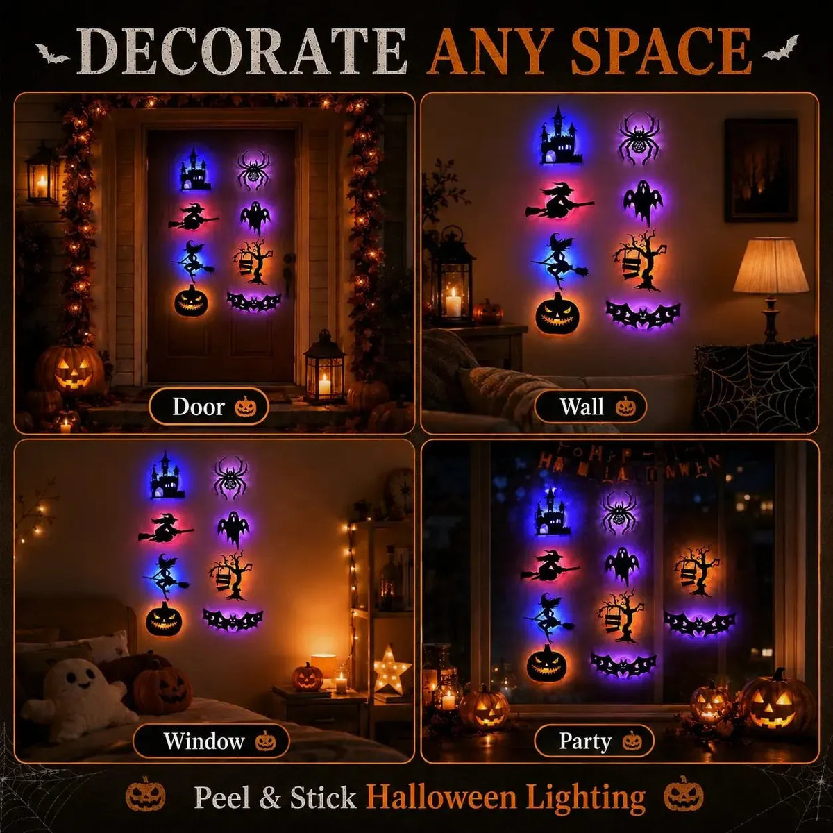 🎃Halloween LED Silhouette Wall Stickers – 🖤Spooky Peel & Stick Light-Up Decor