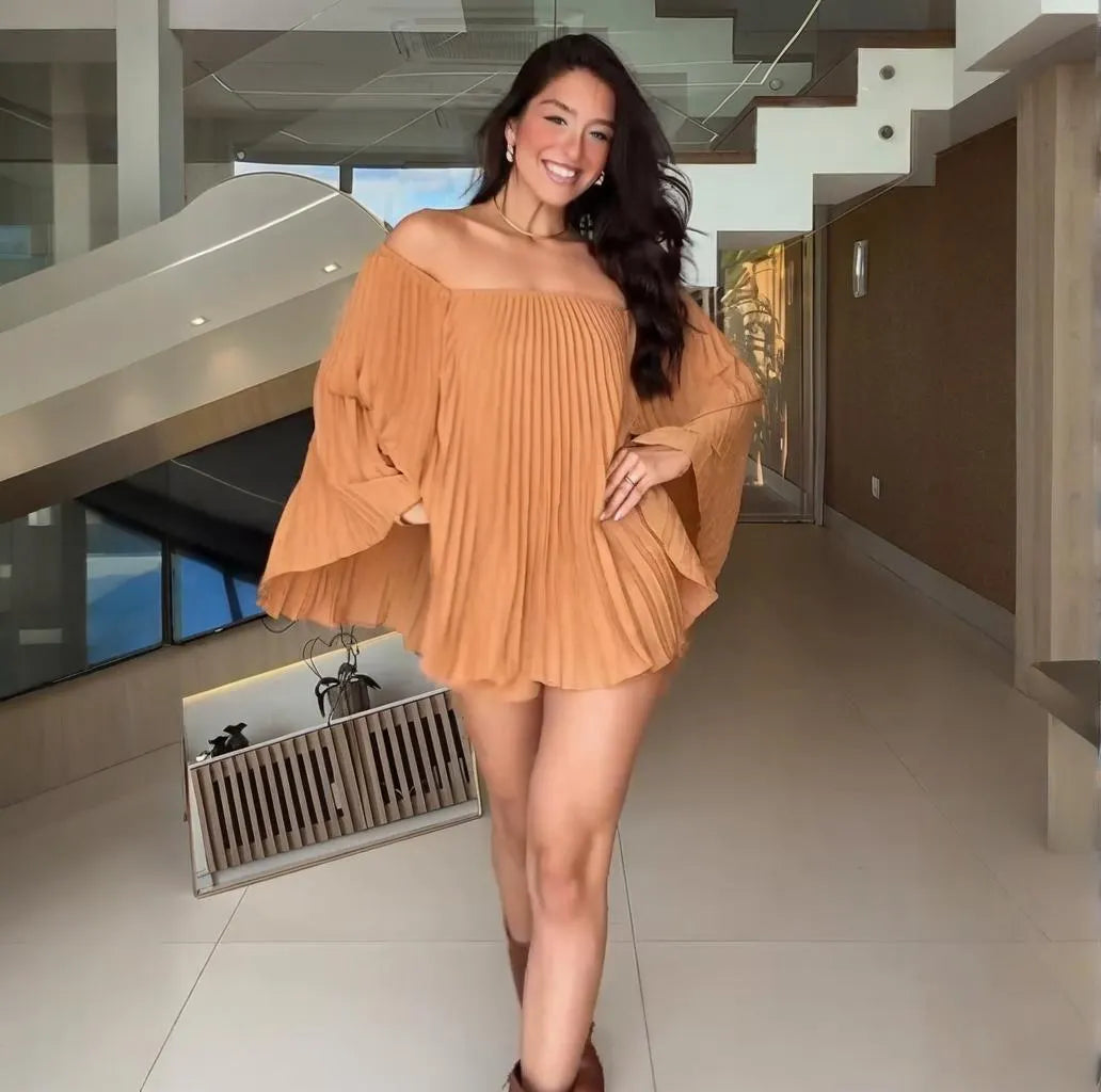 Casual Off-Shoulder Pleated Top and Shorts Set